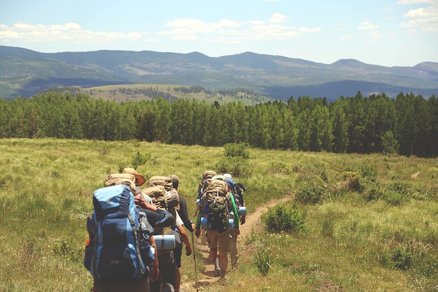 A group of hikers with their backpacks on walking in an open field